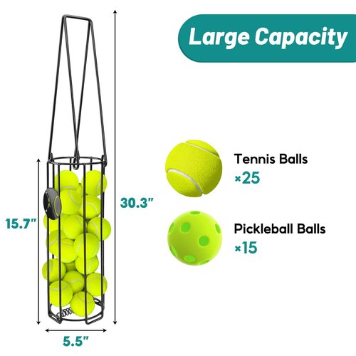 HolyMaji Cylindrical Tennis Ball Hopper Collector Pickleball Balls Retriever Basket Tennis Ball Picker Upper for Easy Picking and Storage Metal Container Holds 24 Tennis Balls Training Caddy (Black)