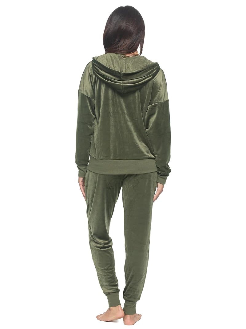 Felina Womens Velour Zip Hoodie & Jogger Set - Deep Olive, Large