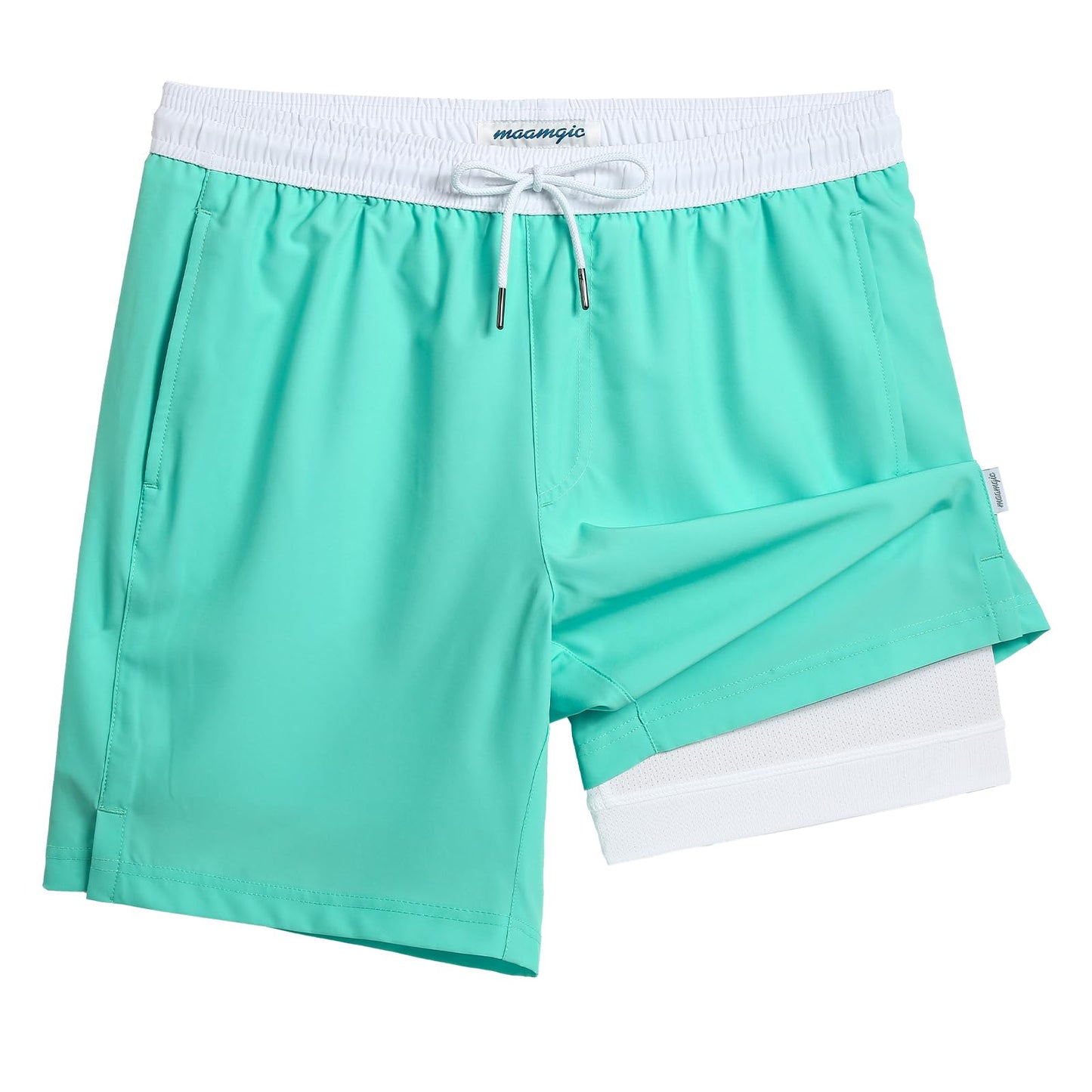 maamgic Mens Swim Trunks with Compression Liner 7 Inch Inseam Mens Bathing Suit Quick Dry Swimming Trunks Swimsuit Spring Green and White Small