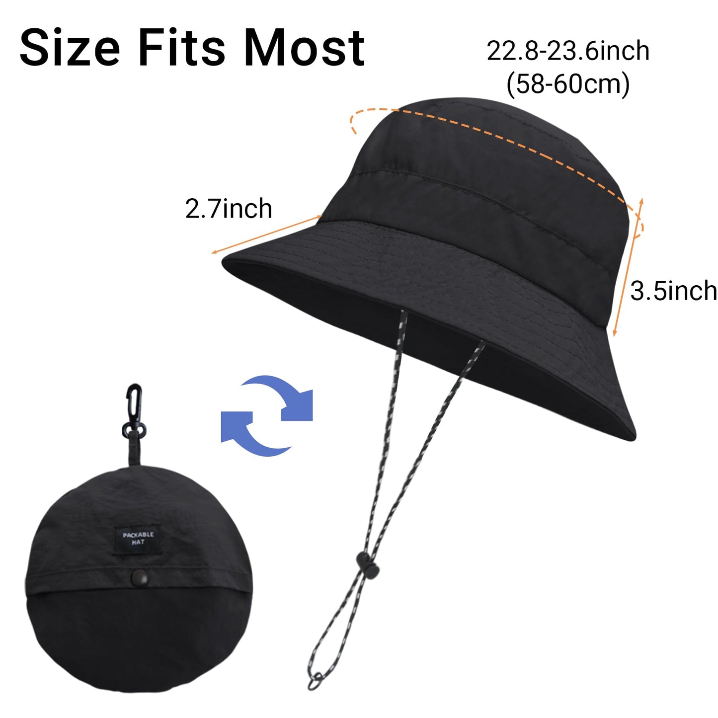 PFFY Waterproof Bucket Hat Rain Quick Dry Hats for Men Women Packable Sun Hat for Fishing Hiking Outdoors Solid Black