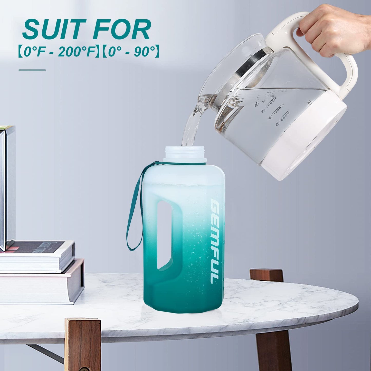 GEMFUL Motivational Water Bottle 74oz Time Marker for Gym (Cyan no Straw)