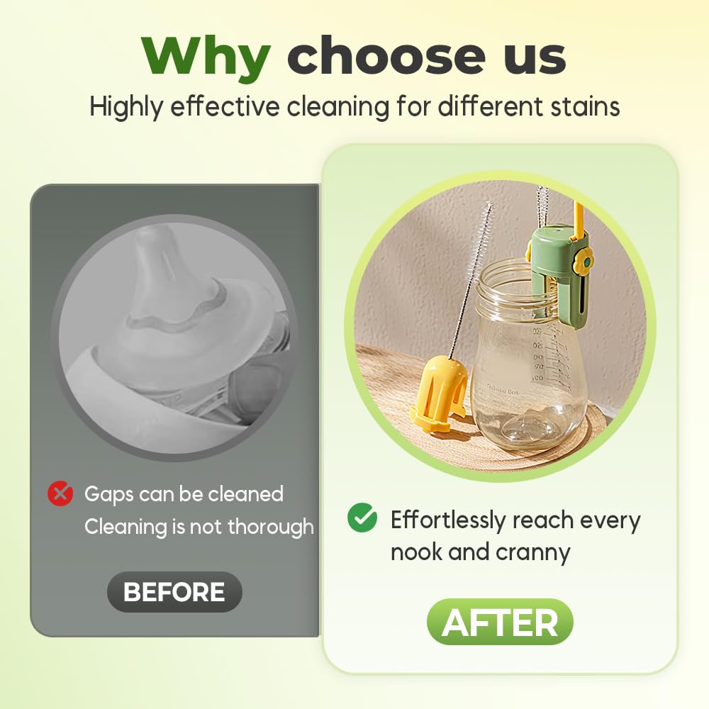 5 in 1 Bottle Cleaning Brush Set, 2025 Multifunctional Lid Brush Cleaning Tool Kitchen, Portable Long Handle Bottles Scrubber for Cup Lids, Hard Bristle Sponge Head Bottle Brushes (Green)