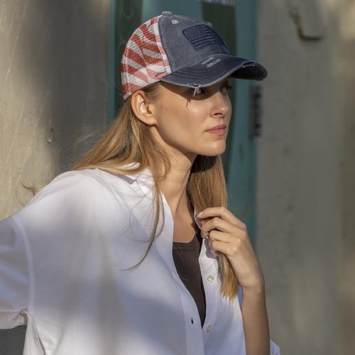 C.C Women's Criss-Cross Ponytail Baseball Cap – Embroidered Cotton Front, American Flag Mesh Back, Adjustable Velcro (Navy)