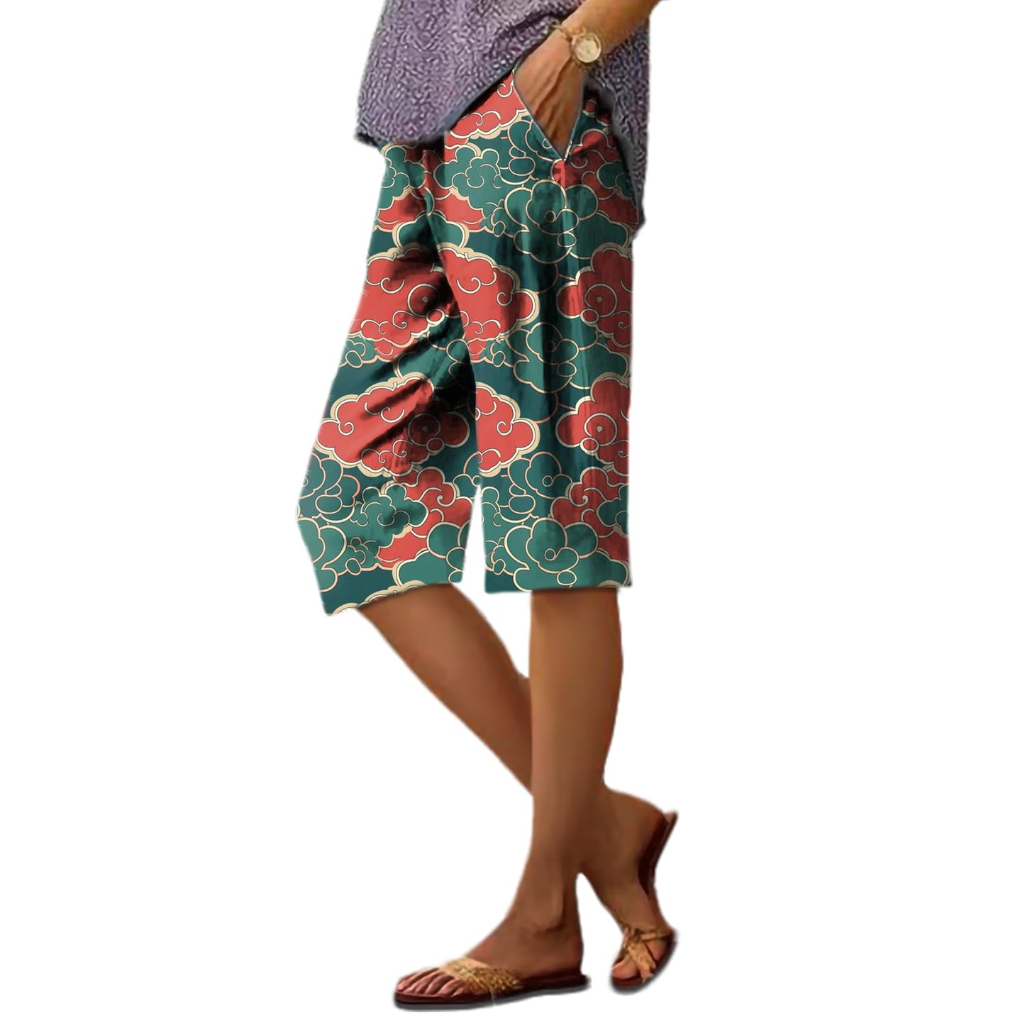 Women's Pants High Waisted Mid Rise Loose Fit Breathable Cotton Quick Dry Soft and Comfy Shorts Funny Cloud Graphic Western Novelty 2025 Summer Trendy Clothes,5XL