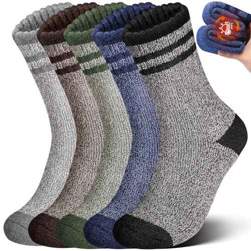 Yeblues 5 Pairs Wool Socks Mens, Winter Thick Merino Warm Hiking Socks,Soft Casual Thermal Crew Socks