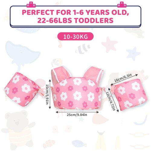 Zeraty Puddle Jumper Toddler Swim Vest for Kids, Toddler Floaties 2-3-4-5-6, Puddle Jumper 25-30-50-66 lbs Detachable Pool Float Kids and Arm Floaties Water Wing Boys and Girls