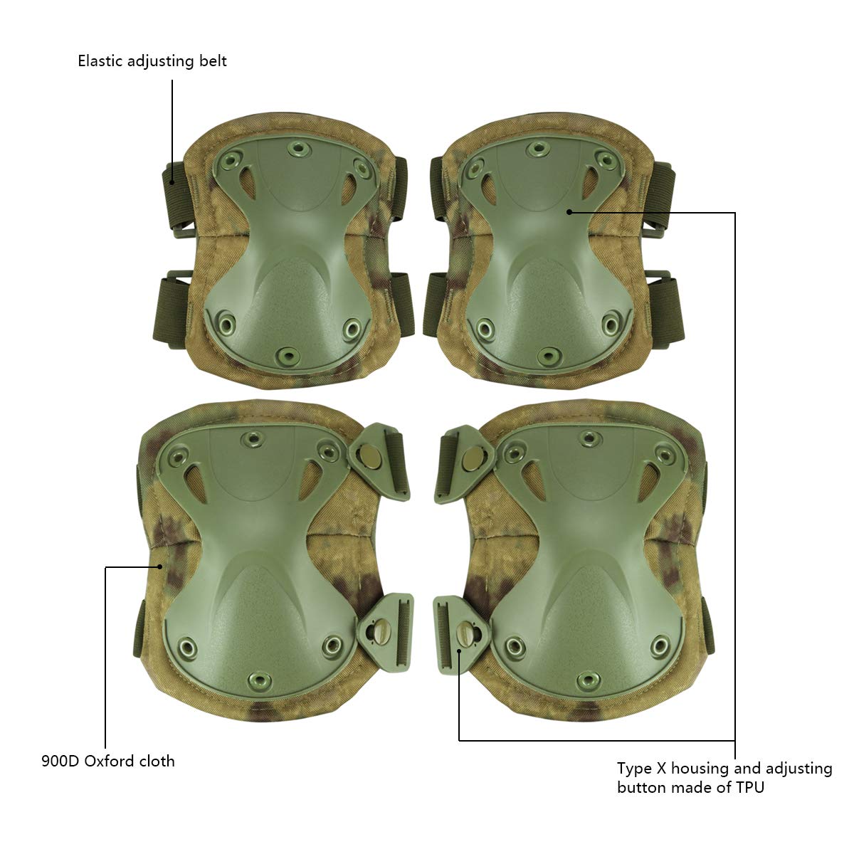 Tactical Combat Knee & Elbow Protective Pads Set for Outdoor CS Paintball Game Cycling Safety Skateboarding Gear Skates Knee Protection Guard Pads (FG)