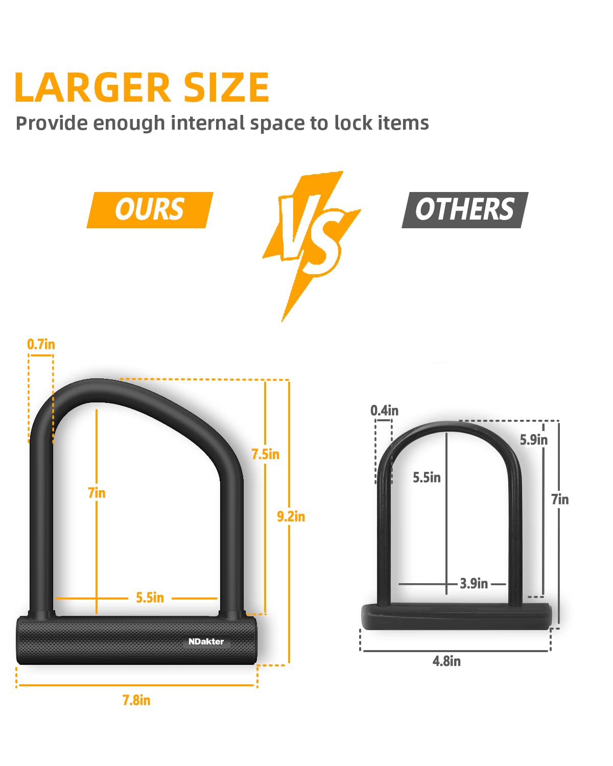 NDakter Bike Locks Heavy Duty Anti Theft 18mm Thick, Motorcycle U Lock with 4FT x 6mm Security Chain, 3Keys Large U-Shape Electric Bicycle Wheel Lock for Ebike, Escooter, Fat-Tire Dirt-Bike, Tricycle