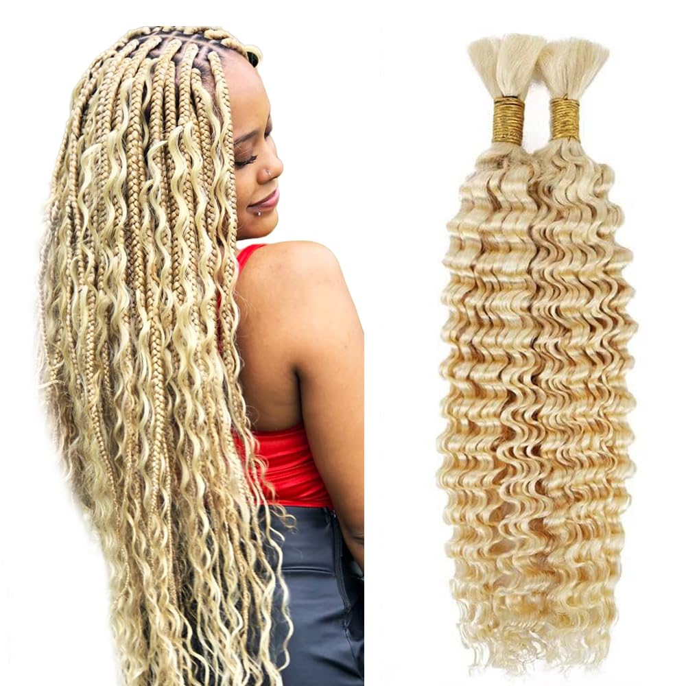LadrXadr 613 Boho Human Hair Braiding 613 Human Boho Hair Blonde Deep Wave Braiding Color 613 Deep Curly Wave Braids Color 613 Blonde Braids 24 24 Inch 100g