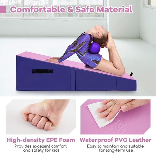 Foldable Gymnastics Incline Mat, Purple and Pink, 48 x 24 x 14 inches, Exercise Jumping Box with EPE Foam, Multi-purpose Training Equipment