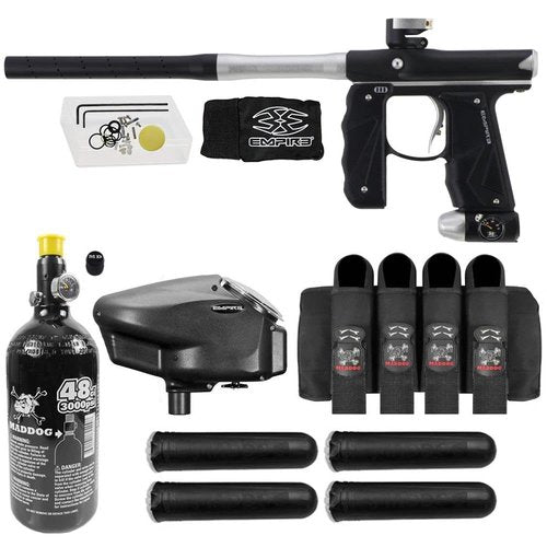 Maddog Empire Mini GS Electronic Full Auto Paintball Gun Marker w/ 48/3000 HPA Paintball Tank, Empire Halo Too Electronic Loader, 4-Pod Harness & (4) Pods Starter Package - Dust Black/Silver
