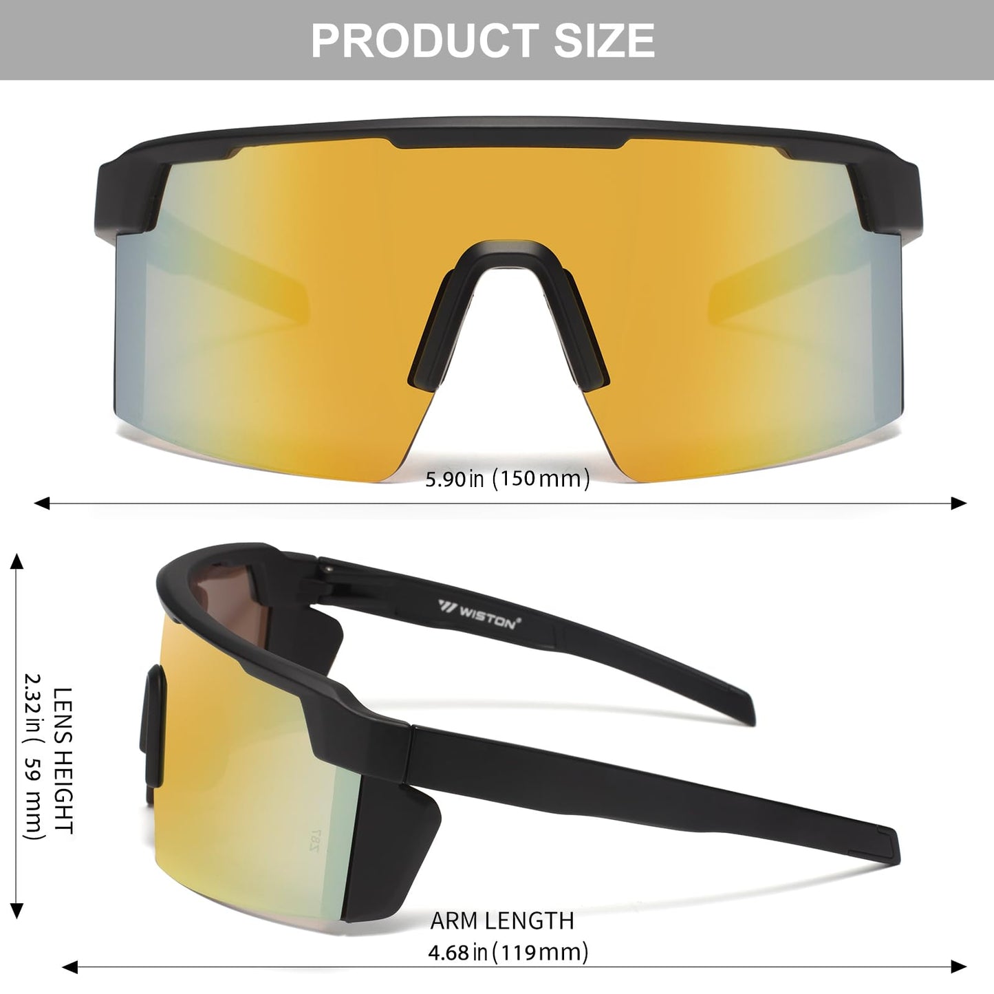 WISTON XL Z87 Sunglasses for Big Wide Heads Men Women,TR90 Ultralight UV400 Protection Sun Glasses Z8224 Black Frame/Gold Lens Polarized