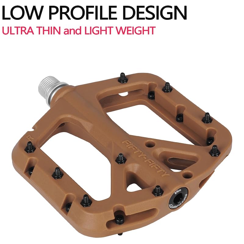 Non-Slip MTB Pedals - Nylon Composite Flat with 9 Pins per Side, 0.7in Thick (Gum Variation)