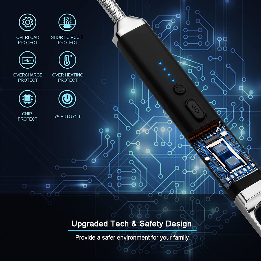 SUPRUS Lighter Rechargeable USB Lighter Arc Electric Lighetrs with Safety Switch 360° Flexible Neck Flameless Grill Long Lighters for Candle Camping Cooking (Black)