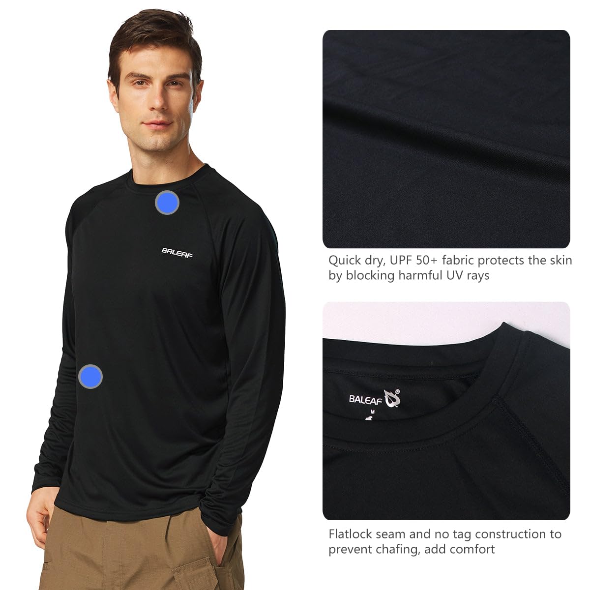 baleaf Mens UPF 50+ Sun Protection Shirts Long Sleeve Rash Guard, Quick Dry 4-Way Stretch for Fishing Swimming Surfing 01-Black L