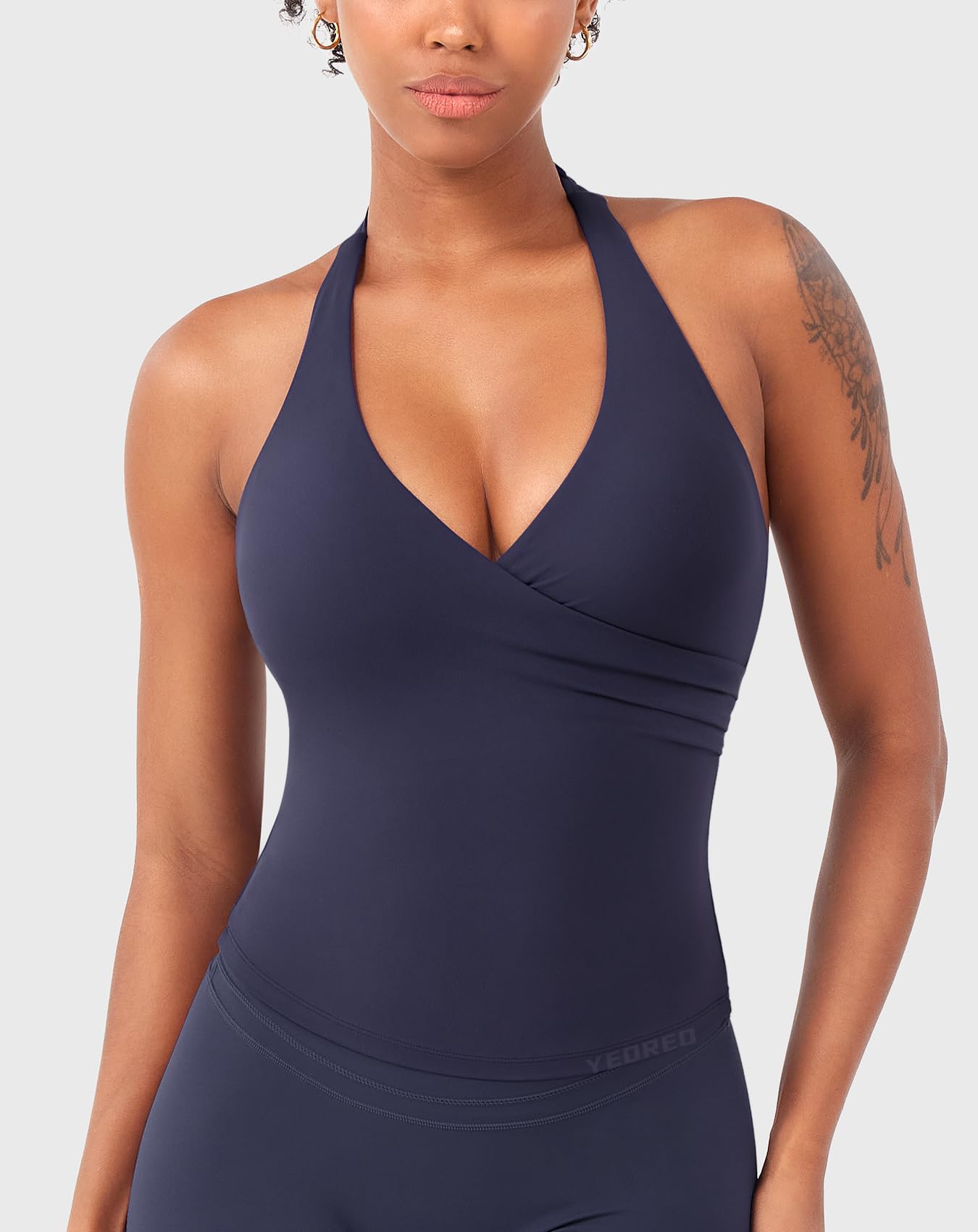 YEOREO CoreFlex Womens Halter Tank Tops Workout Impact Longline Strappy Top Padded Deep V Neck Wrap Gym Backless Camisole Navy L