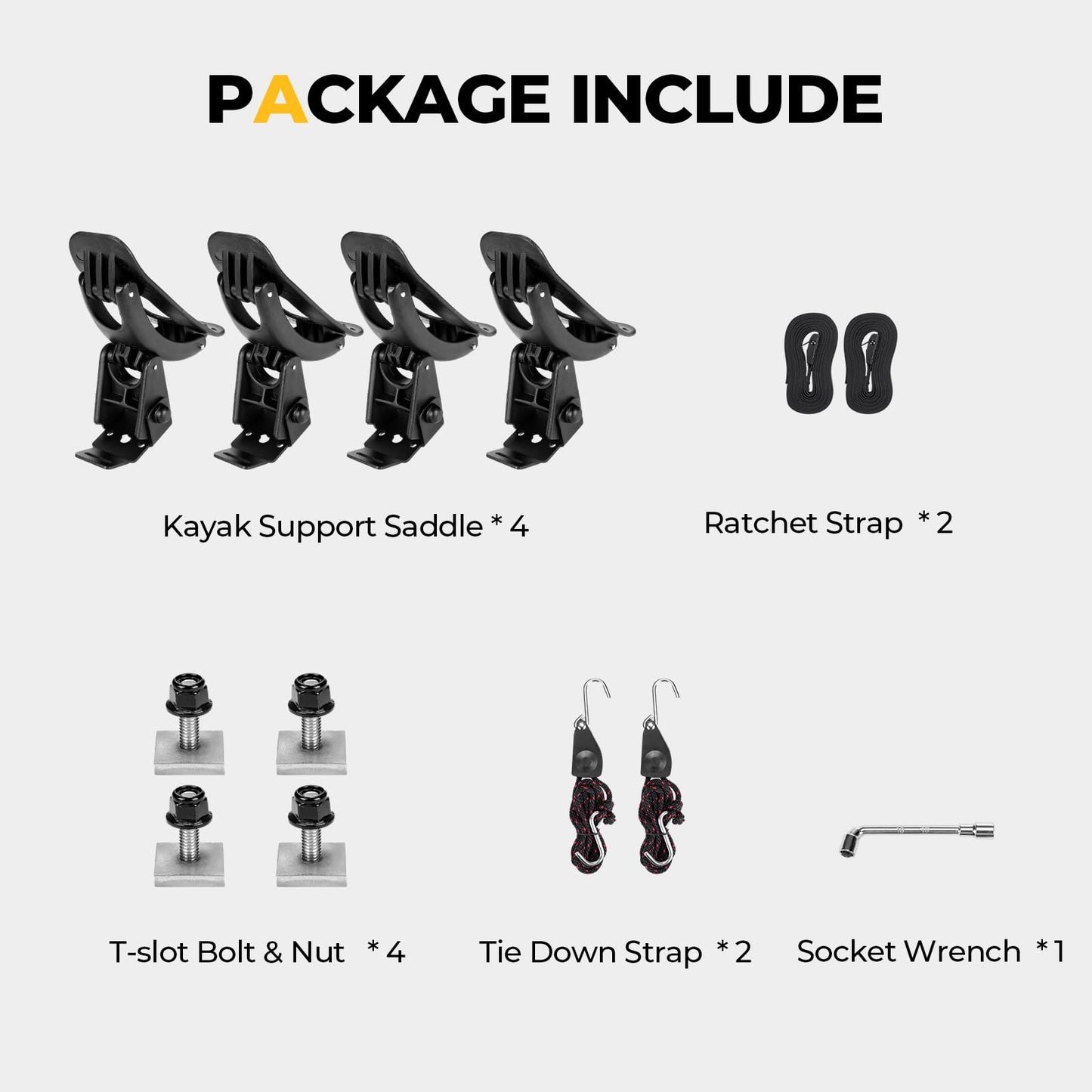 BougeRV T-Slot Kayak Roof Rack Saddles, Only Fits for Auto Cross Bars with T-Track to Carrier Kayak Paddle Board Surfboard with Tie Down Straps Ratchet Strap,150LBS Load Capacity(2 Pairs)