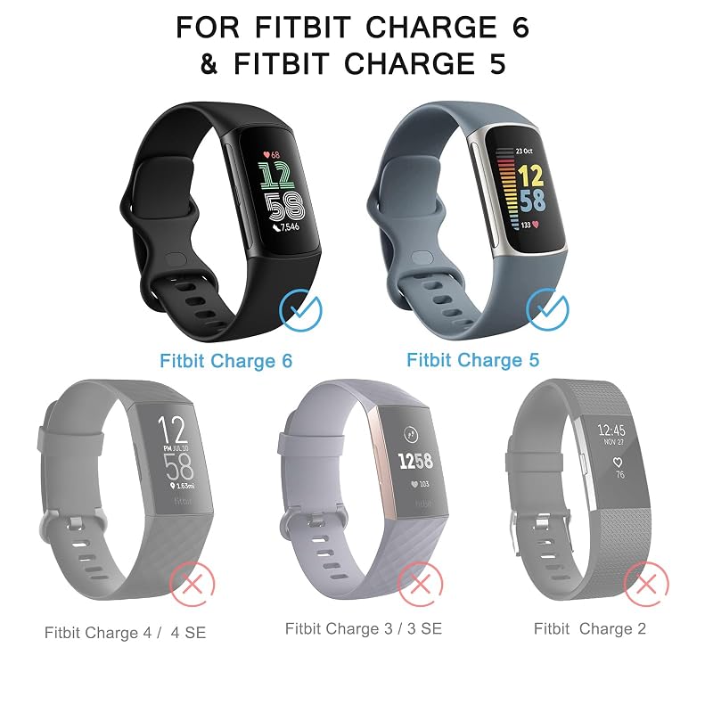 Tobfit 6-Pack Sport Bands for Fitbit Charge 5/6 - Silicone Waterproof Replacement Straps (Black, Winter Blue, Light Grey, Midnight, Abyss Blue, Blue Grey) - Women & Men
