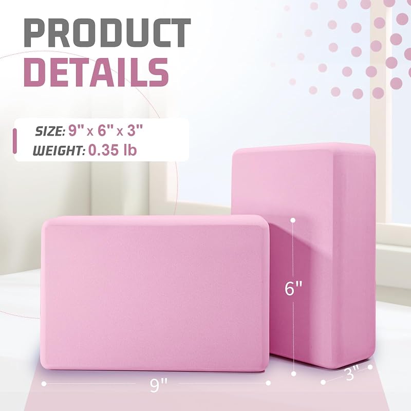 Light Pink 2 Pack Yoga Blocks 3x6x9 in Rounded Edges Non-Slip EVA Foam