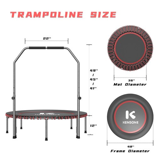 K KENSONE 48" Low-Impact Rebounder Trampoline for Adults with Bungee, 550LBS Quiet Mini Exercise Trampoline with Adjustable U-Shaped Foam Handle Bar, Fitness Equipment for Indoor/Gym Workout
