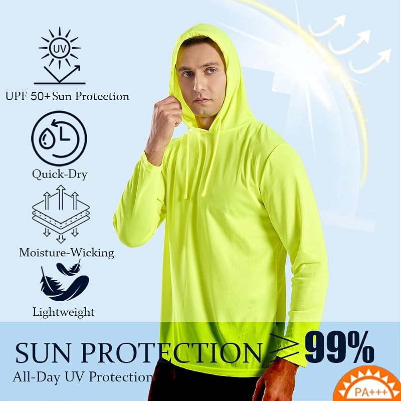 UPF 50+ Men’s Sun Protection Hoodie - Long Sleeve with Face Mask (Gray/Navy/Blue, Medium)