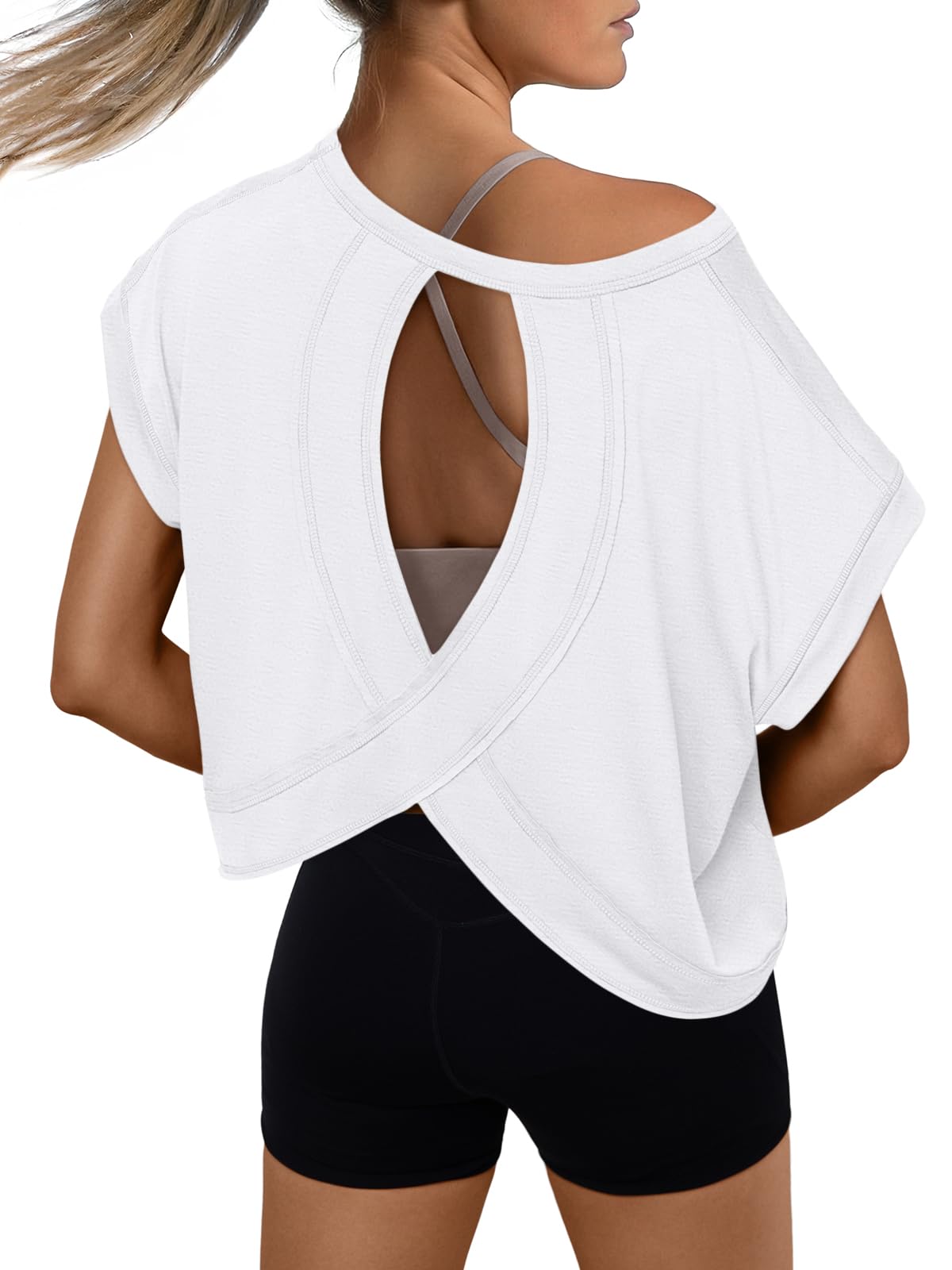 AUTOMET Womens Open Back Workout Crop Tops 2026 Summer Backless Cute Short Sleeve Athletic Shirts Oversized Gym Yoga Tee White S
