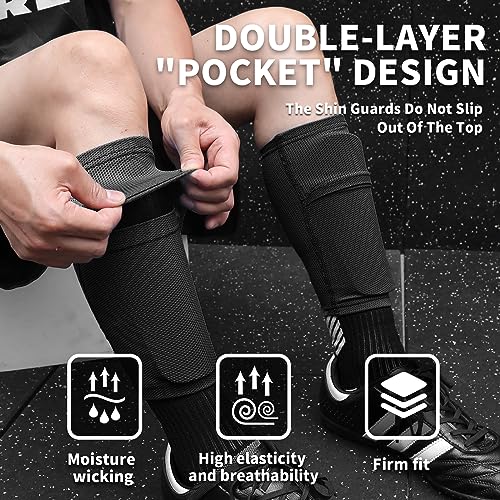 Kids & Adults Soccer Shin Guards with Sleeves - Black, Medium (4'3"-4'11" Tall)