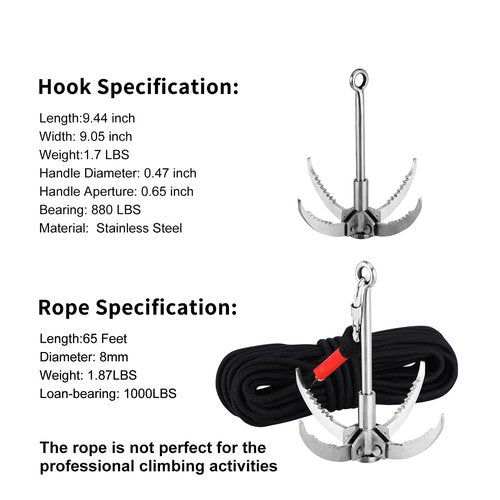 Ant Mag Grappling Hook Stainless Steel Claw Carabiner with 20m/65ft 8mm Auxiliary Black Rope for Camping Hiking Tree Grabbing and Water Lifting Salvage