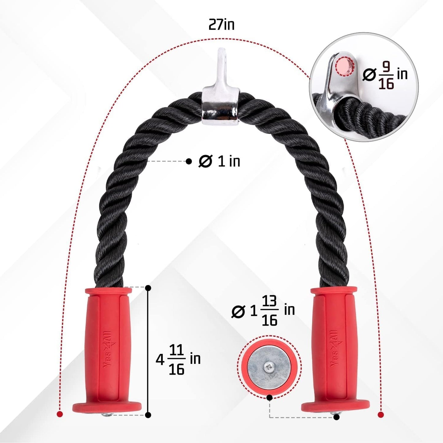 Yes4All Deluxe Tricep Rope Cable Attachment 27 inch, Exercise Machine Attachments Pulley System Gym Pull Down Rope with Carabiner, Red Black - Big handle