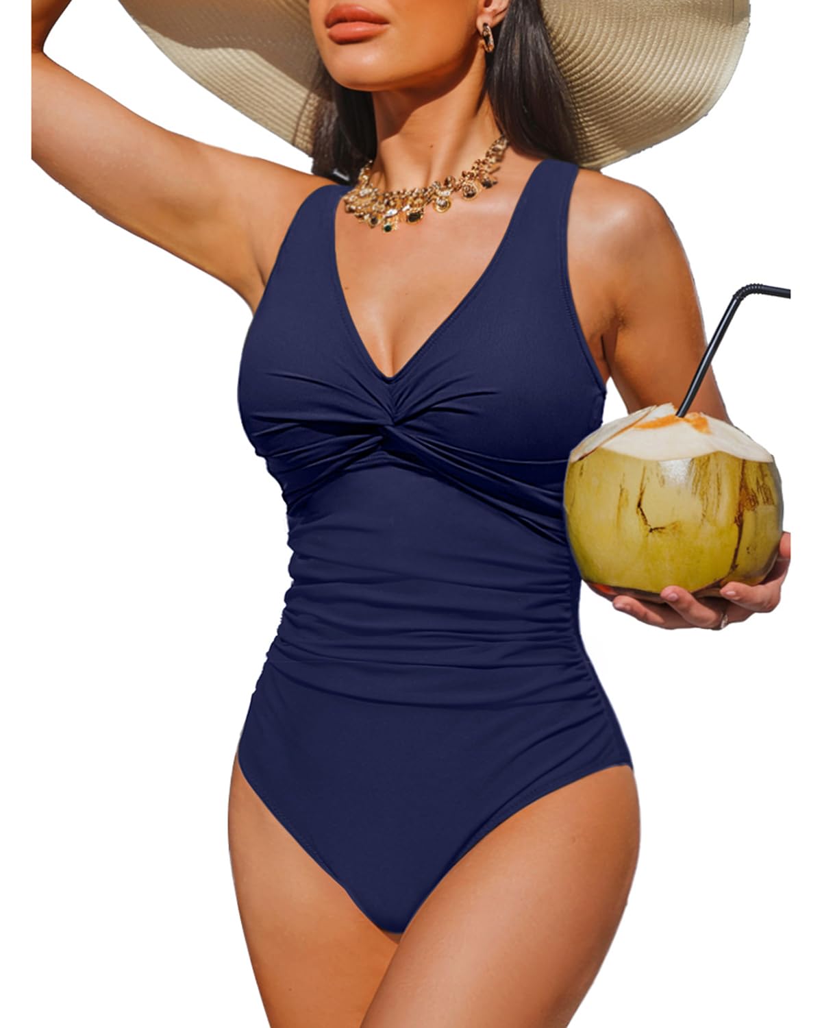 Holipick Navy Blue Women Tummy Control One Piece Swimsuit - Push Up Bathing Suit Full Coverage Slimming Swimwear 18 Plus (US 18W)