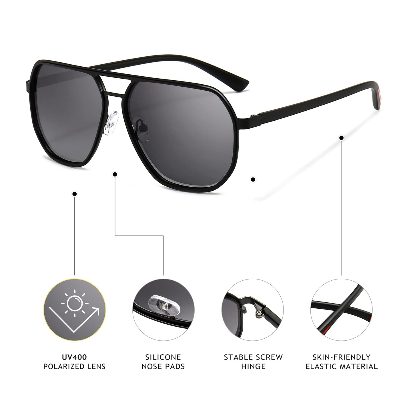 SUNGAIT Polygon Aviator Sunglasses for Men Polarized Trendy Square Sun Glasses Retro Pilot Shades UV Protection
