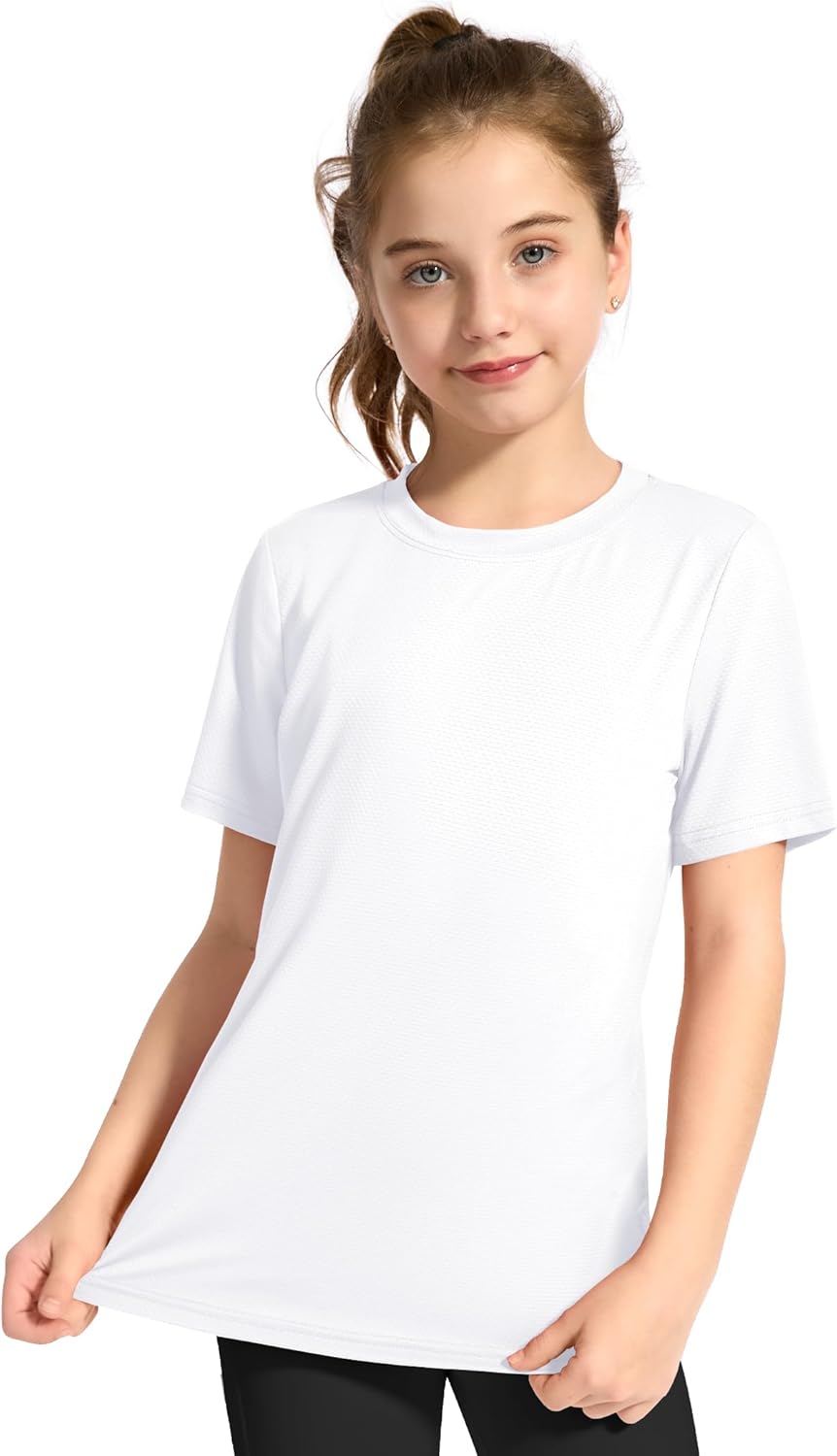 KEREDA Girls Athletic Shirts Quick Dry Short Sleeve Crew Neck T Shirts, Summer UPF 50+ Tee Tops for Teen Girls 3 Pack