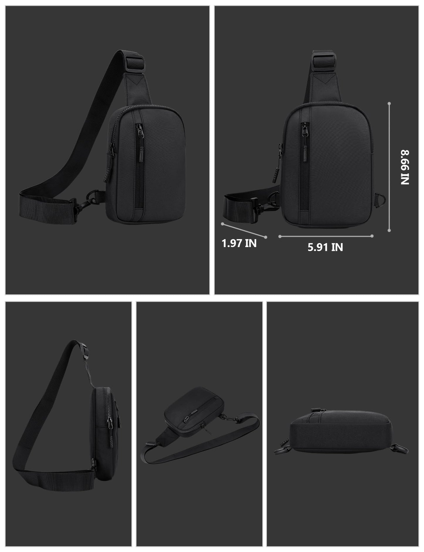 Peicees Mens Mini Sling Bag Chest Shoulder Bag Women Crossbody Phone Holder with Reversible Strap and Dual Pocket, Grey