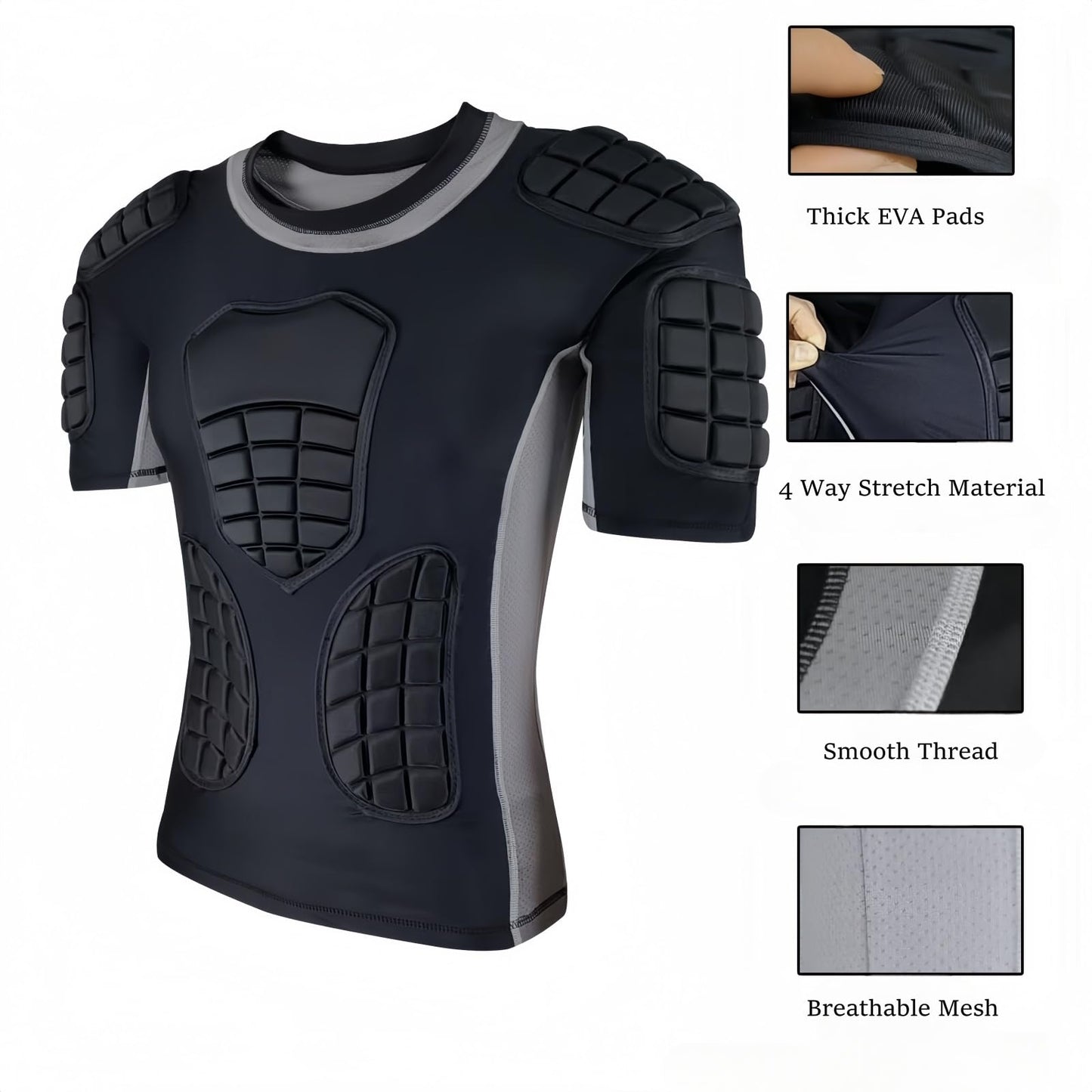 Topeter Mens Padded Protective Shirt, Impact Protector Undershirt with Rib, Chest, Shoulder & Back Pads for Football, Training, Contact Sports Gray S