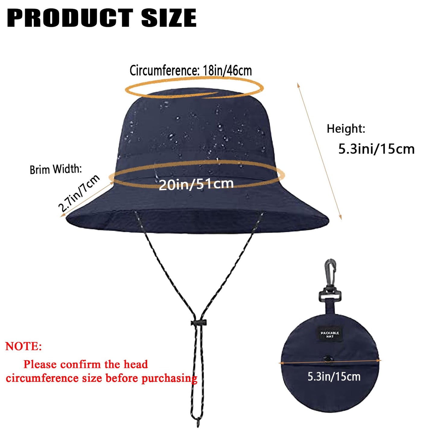 Waterproof Bucket Rain Hat for Men Women, Outdoor Fishing Hat Foldable UV Protection Sun Hat Quick Dry Packable Hat for Summer Beach Fishing Hiking, Navy Blue