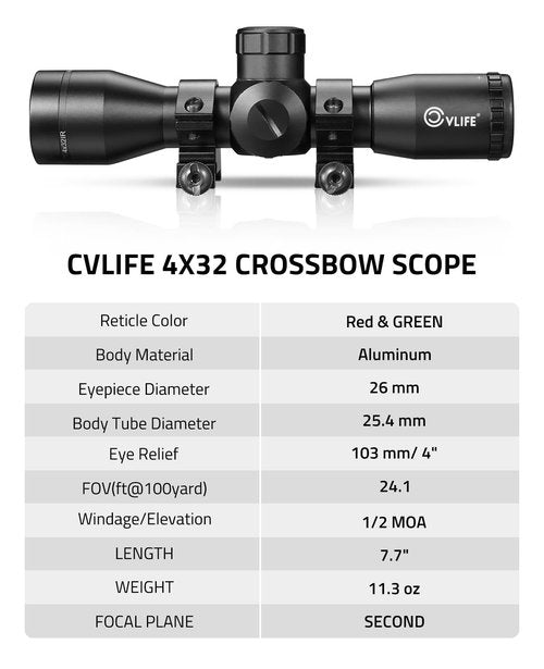 CVLIFE 4x32 Crossbow Scope, Red Green Illuminated Compact Crossbow Scopes for Hunting 20-100 Yards, Circles and Rangefinder Etched Glass Reticle Optic,with 20mm Mounts
