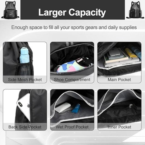 MockingBird Extra Large Drawstring Backpack Black |Gym Bag with Wet & Dry Compartment| Basketball Bag Sackpack for Men Women |Sports Bag Backpack for Swim Soccer Accessories Essentials