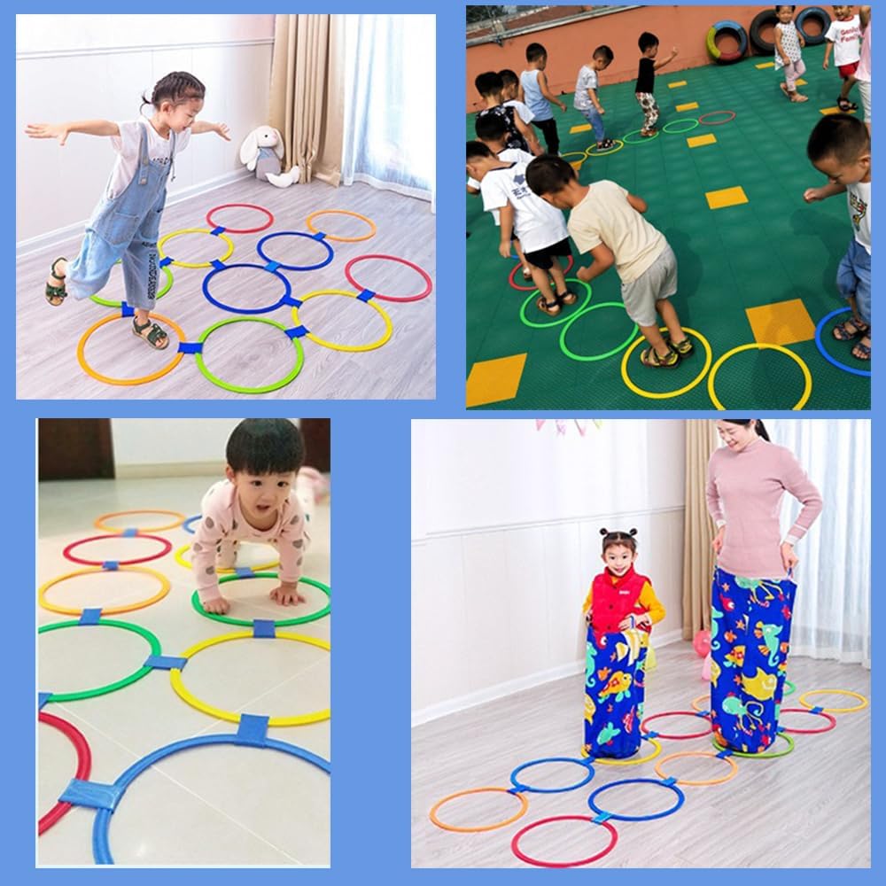 11in Hopscotch Rings-Hopscotch Game Hoops Circles with 15 Connectors for Kids Balance Agility Training Obstacle Course, Boys Girls Birthday Fun Play Indoor Outdoor Backyard Playground Activity