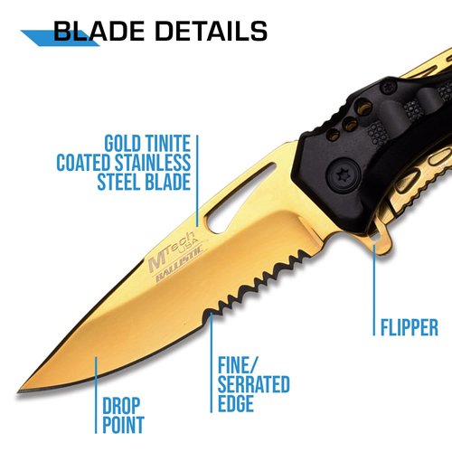 MTECH USA Folding Knife, 3.75-Inch Half-Serrated Blade, Titanium Coating, Glass Breaker, Pocket Clip (Black Gold)