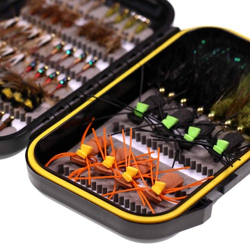 Wifreo Fly Fishing Flies Assortment with Waterproof Fly Box, 64pcs with Dry/Wet/Nymph/Streamer Flies, Trout/Bass/Panfish/Salmon Fishing Flies