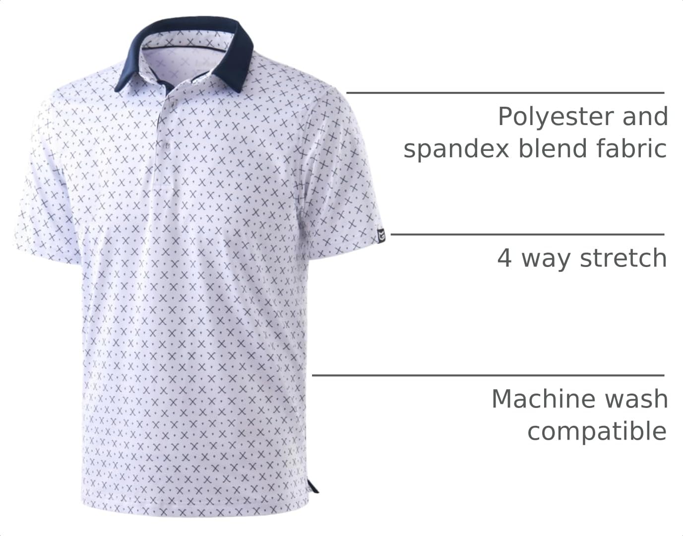 Men's Golf Shirt Short Sleeve Dry Fit Polo Moisture Wicking Print Collared Golf Shirts for Men Casual Lightweight(Golf Clubs White,L)