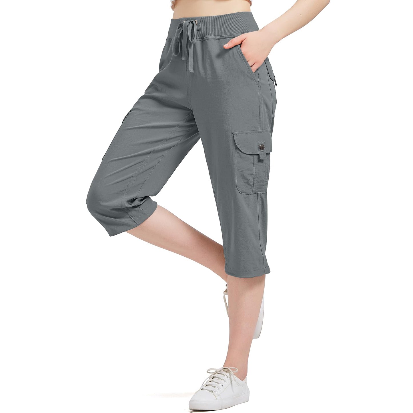 Women's Cargo Capris Hiking Pants with 6 Pockets Lightweight Quick Dry Outdoor Travel Casual Comfy Summer Pants(2032 Grey XXXL)