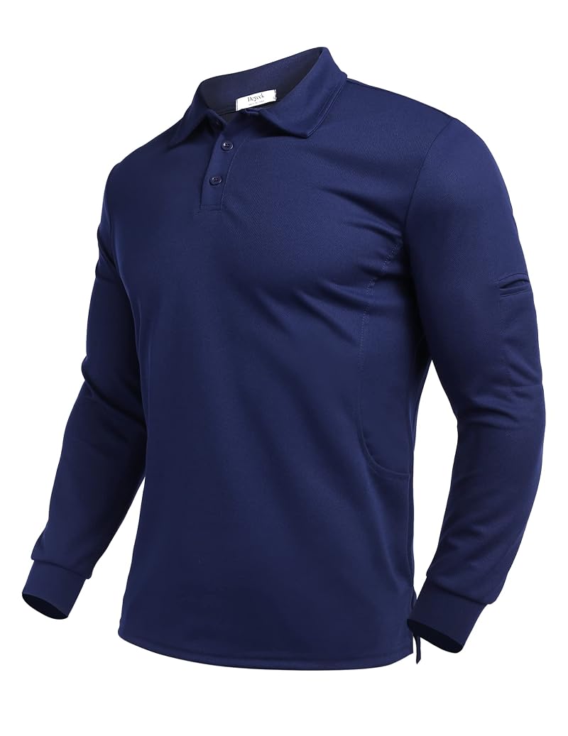Deyeek Men's Long Sleeve Polo Shirt - Quick Dry Golf Polo Navy Large
