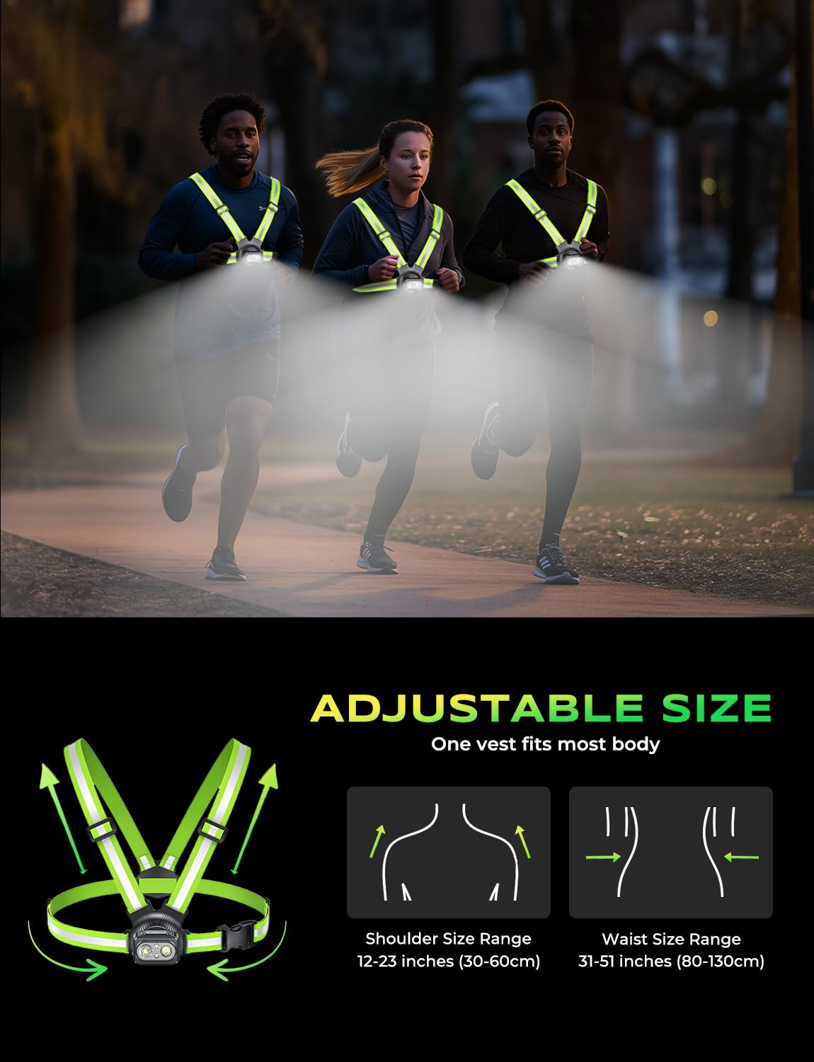 Viccux 500LM High-Visibility Running Lights for Runners, Adjustable 45° Beam & 360° Reflective Vest, IPX4 Waterproof Running Vest Light for Night Walking/Cycling/Jogging, 3.5-20Hrs Runtime