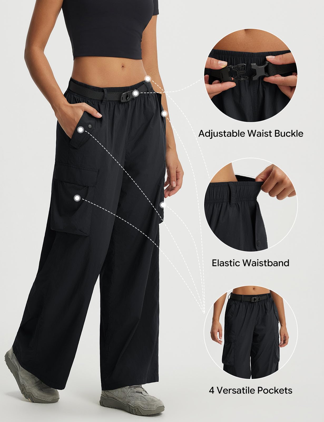 baleaf Women's Lightweight Hiking Pants Quick Dry Wide Leg Outdoor Pants for Women Travel Cargo Pants with Pockets Black L