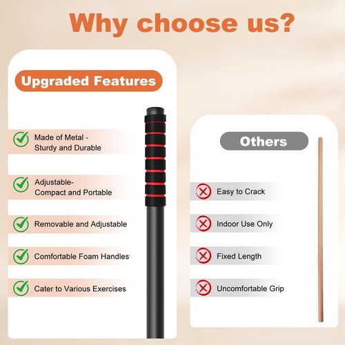 RACOC 5 ft Yoga Stick Sturdy Steel, Adjustable Stretching Stick for Mobility, Flexibility and Balance, Versatile Exercise Stick with Non-Slip Ends and Foam Handles for Fitness, and Posture