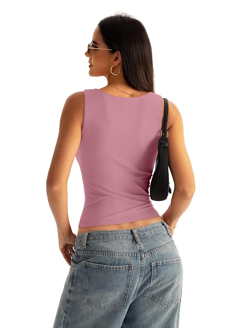 Women’s Boat Neck Seamless Tank Top - 92% Nylon 8% Spandex - Bean Pink Medium