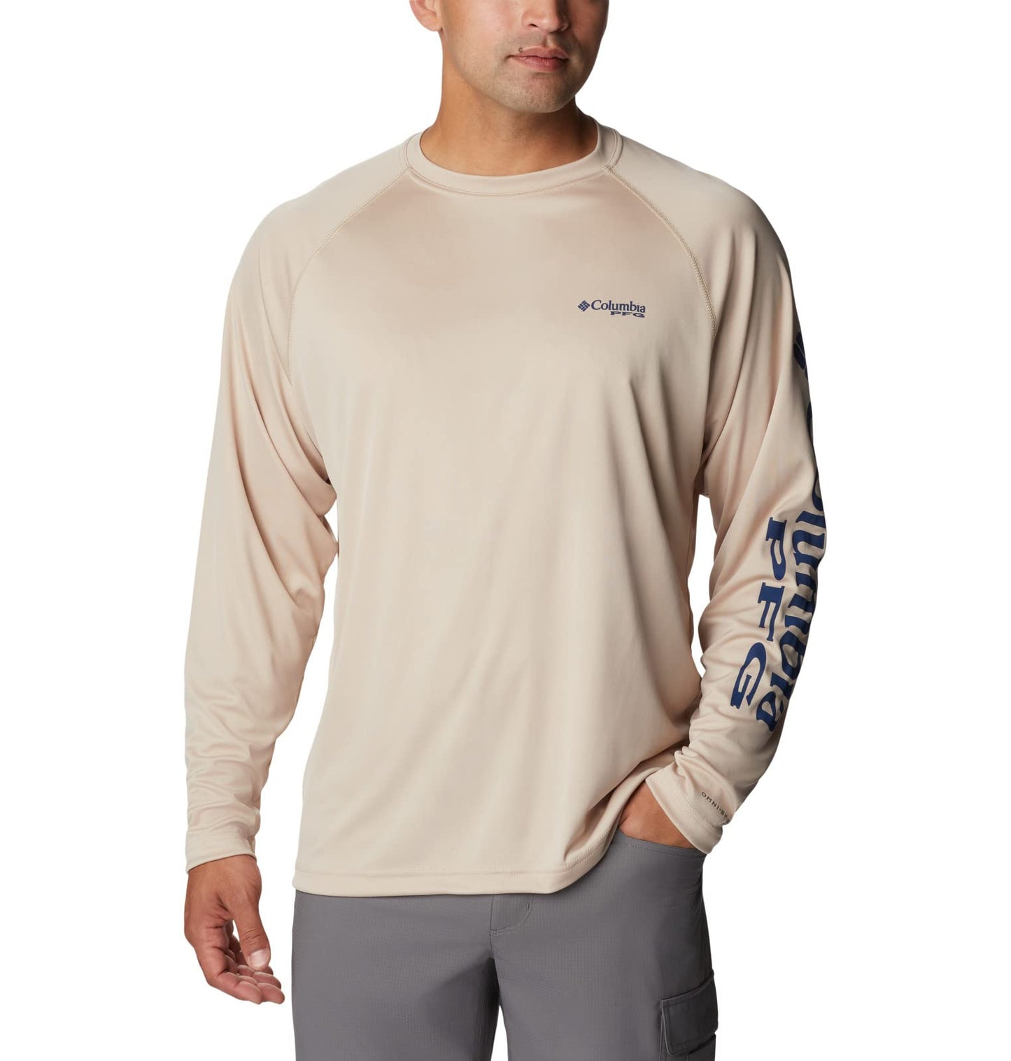 Columbia Men's Terminal Tackle Long Sleeve Shirt, Ancient Fossil/Carbon Logo, 6X Big