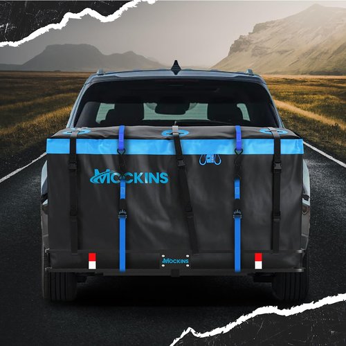 Mockins 25 Cu.Ft. Large Trailer Hitch Cargo Carrier Bag | 60"x24"x31" Soft-Shell Vinyl Cargo Bag for Hitch Carrier | Weatherproof Car Storage Bag | Waterproof Truck Bed Storage Set w/Accessories