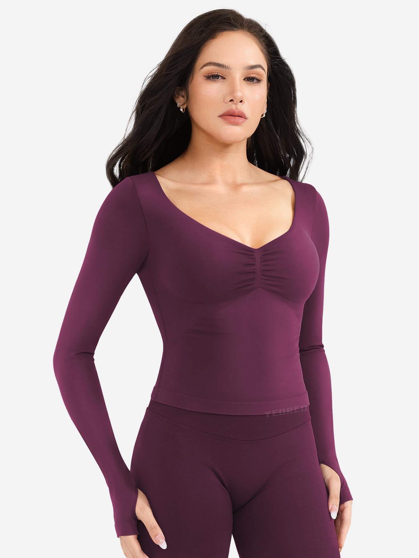 YEOREO CoreFlex Long Sleeve Workout Tops for Women Padded Deep V Neck Double Lined Impact Tops Slim Fit Gym Athletic Shirts Black Cherry L